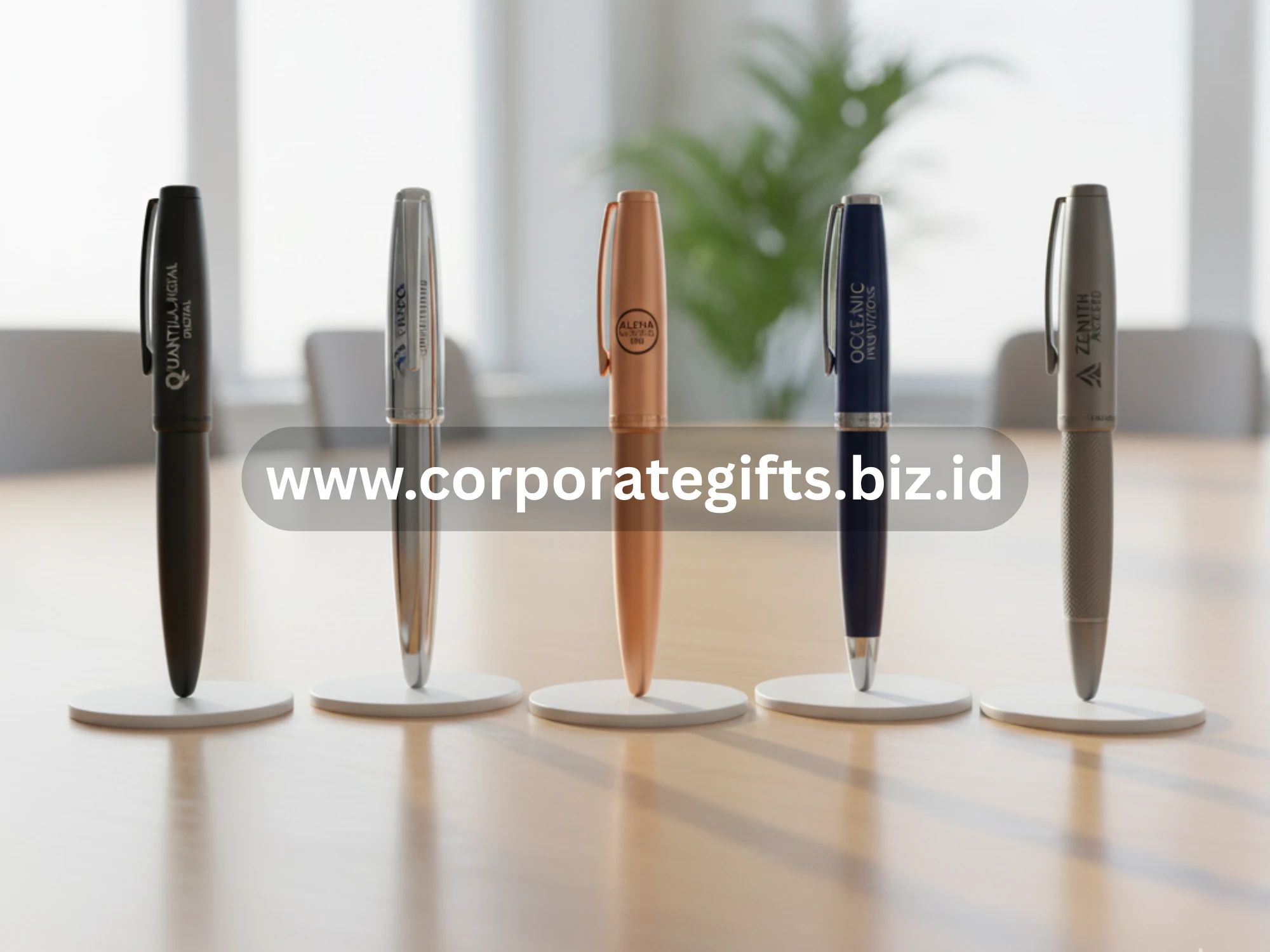 Pulpen logam mewah dengan ukiran logo perusahaan, cocok untuk relasi bisnis.